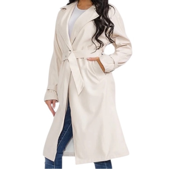 Sweet Palm Jackets & Blazers - Long Sleeve Open Front Pockets Belted PU Pleather Coat in Cream